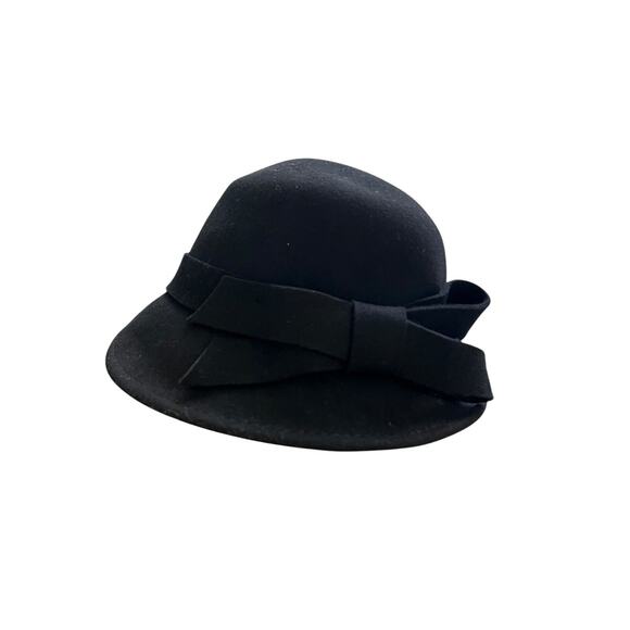 Kate Landry Womans Cloche Hat Black Boho Bow Accent 100% Wool Retro - Picture 3 of 9